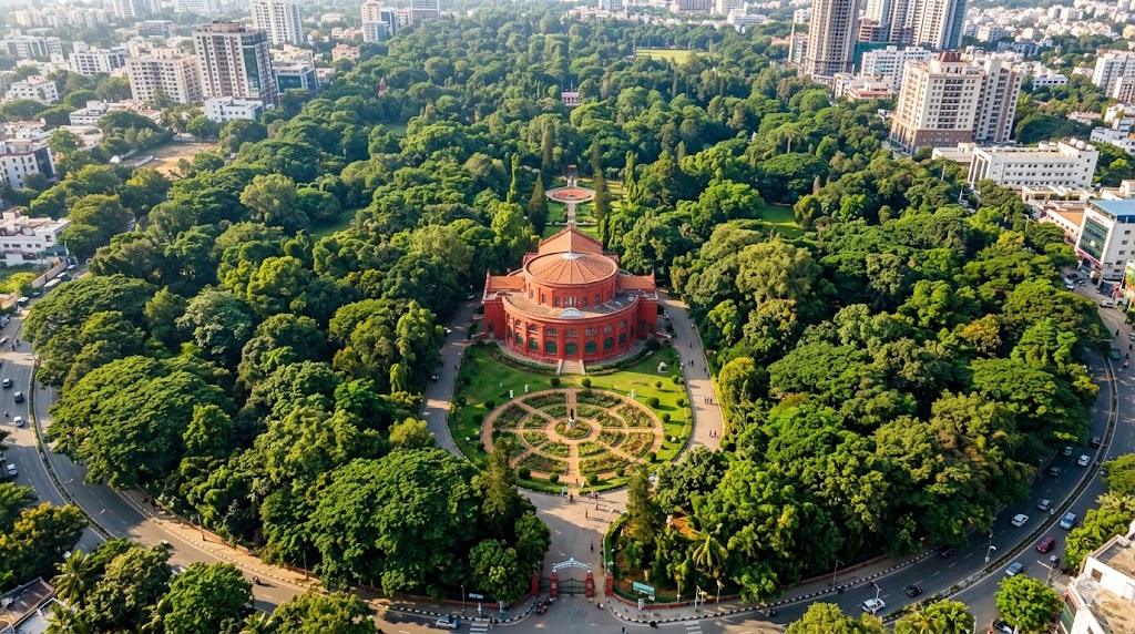 Beautiful aerial view of lush green Cubbon Park with historic library building